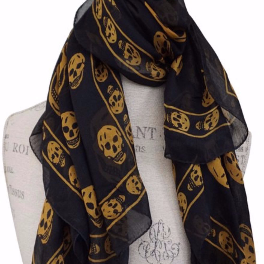 Black and Gold Skull Alexander Mcqueen Silk Scarf